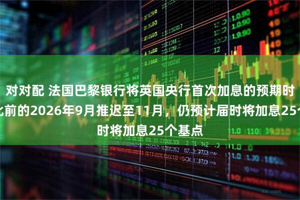 对对配 法国巴黎银行将英国央行首次加息的预期时间从此前的2026年9月推迟至11月，仍预计届时将加息25个基点